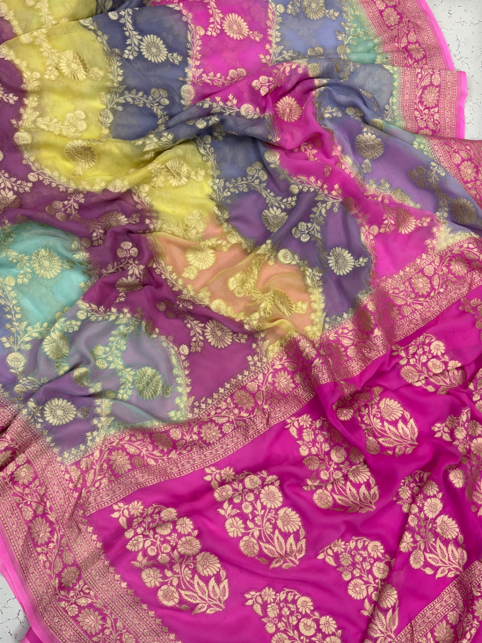 Hot Pink Banarasi Handloom Exquisite Rangkaat Georgette Silk Saree